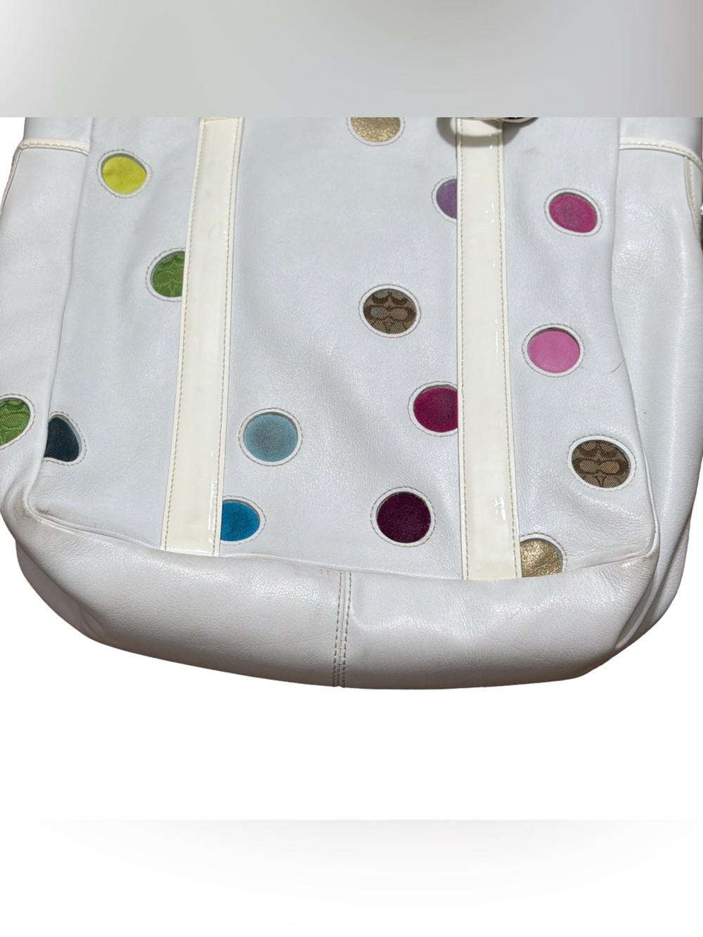 Coach β’ 9763 White Leather Multicolor Polka Dot Gallery Tote Shoulder Bag Y2K - Picture 9 of 16